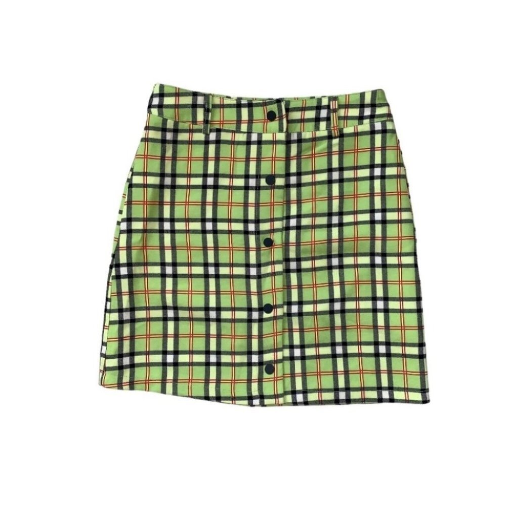 Elli White Neon Green Y2K Plaid Snap-Front‎ Skirt Women’s Small